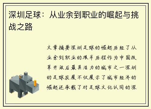 深圳足球：从业余到职业的崛起与挑战之路