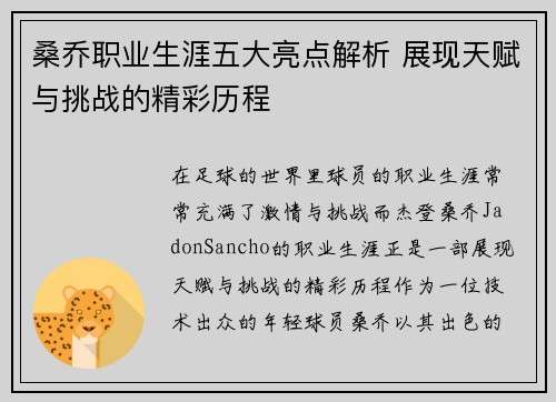 桑乔职业生涯五大亮点解析 展现天赋与挑战的精彩历程